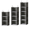 A tall, dark gray foldable hanging closet organizer with multiple shelves and hanging rods.