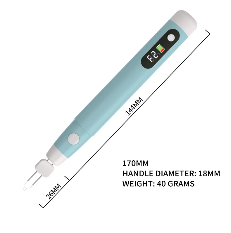 A light blue handheld soldering wax pen with a black grip and a silver tip.