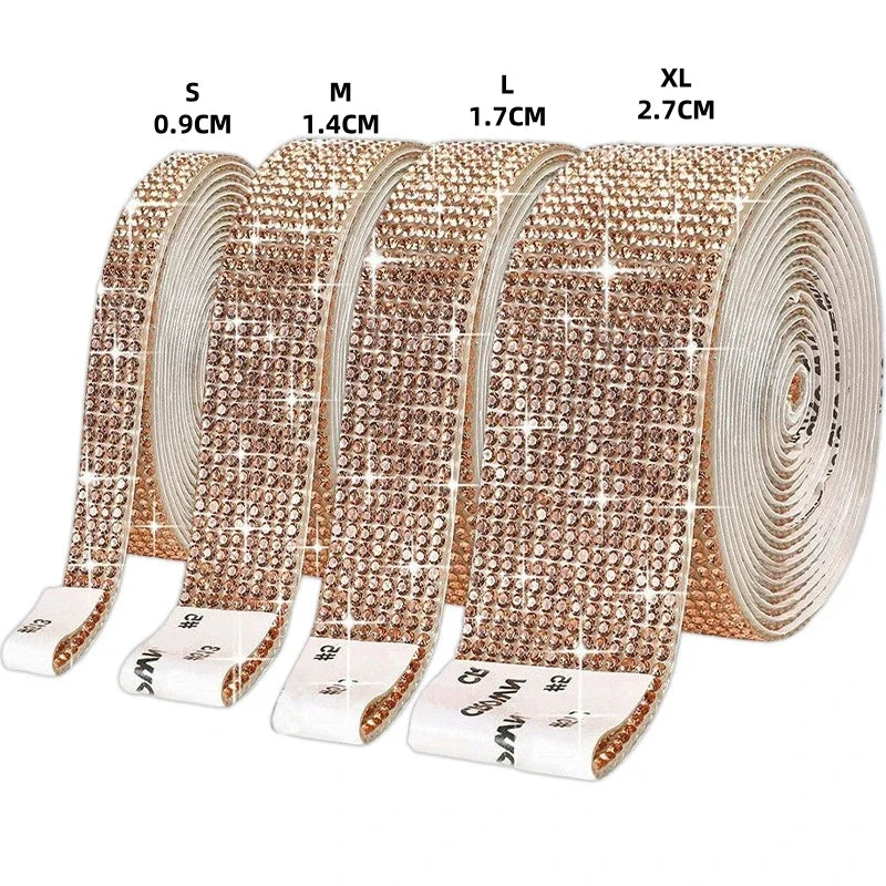 Rolls of self-adhesive crystal rhinestone ribbon in sizes S to XL for DIY crafts