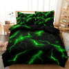 A black duvet cover set featuring a vibrant green lightning thunder print.