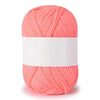 A ball of soft pink cotton knitting yarn with a white band around the middle.