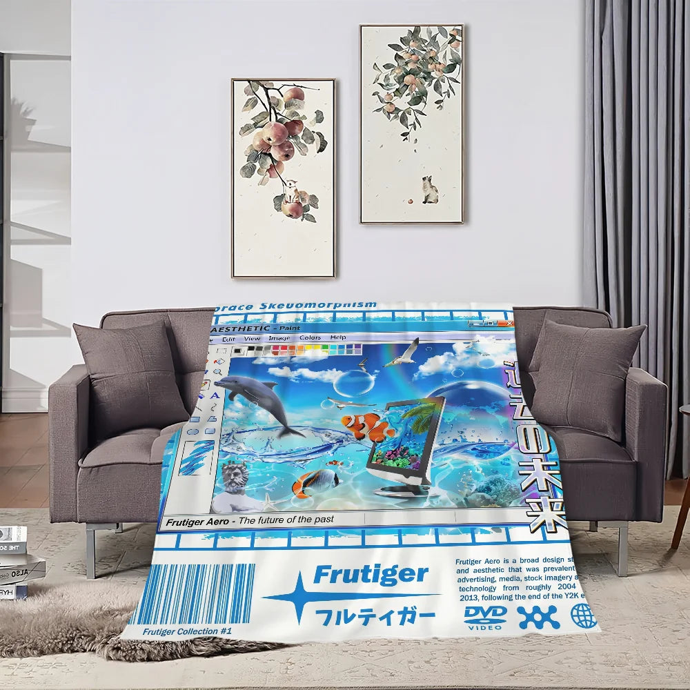 A Frutiger Aero art throw blanket featuring a vibrant blue and green landscape with digital elements.