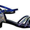 Blue flatback heeled sandals adorned with sparkling crystal rhinestones