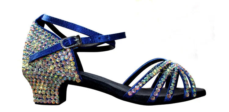 Blue flatback heeled sandals adorned with sparkling crystal rhinestones