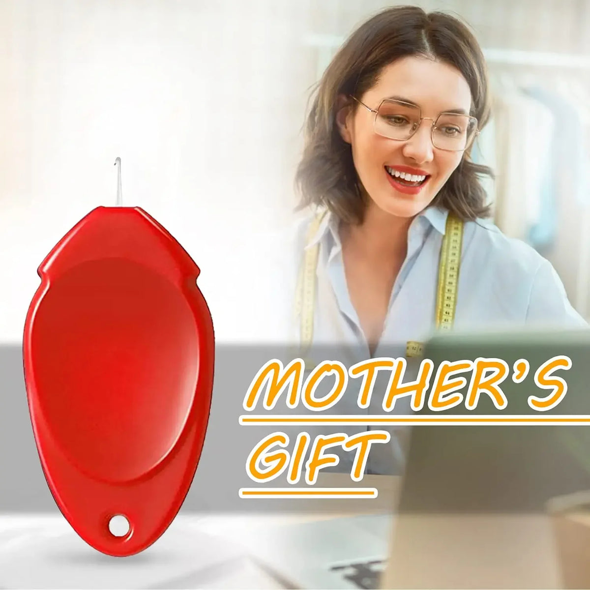 A red precision needle threader set is shown next to a woman smiling in a bright indoor setting.