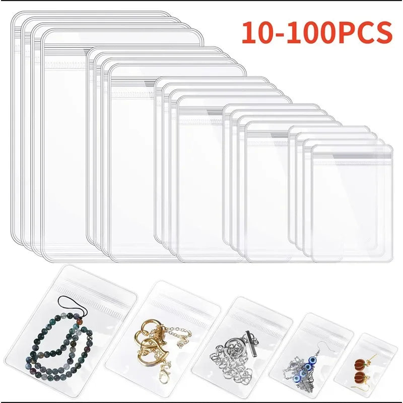 A collection of clear dustproof self-sealing jewelry storage bags in various sizes and styles.