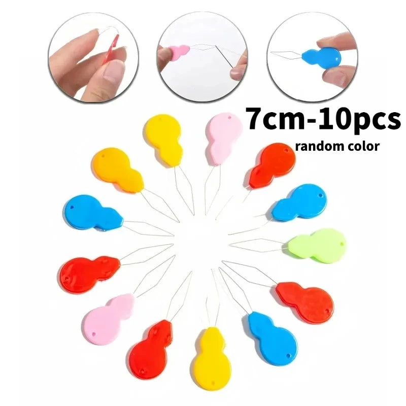 A collection of 10 plastic threader tools in various random colors, shown with close-up examples.