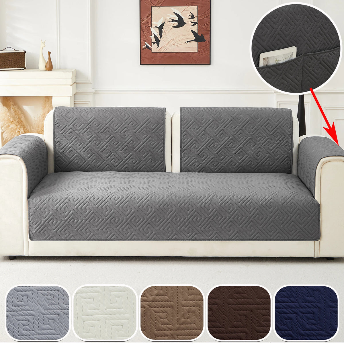 A gray geometric quilted sofa cushion cover displayed on a white sofa, with various fabric options shown below.