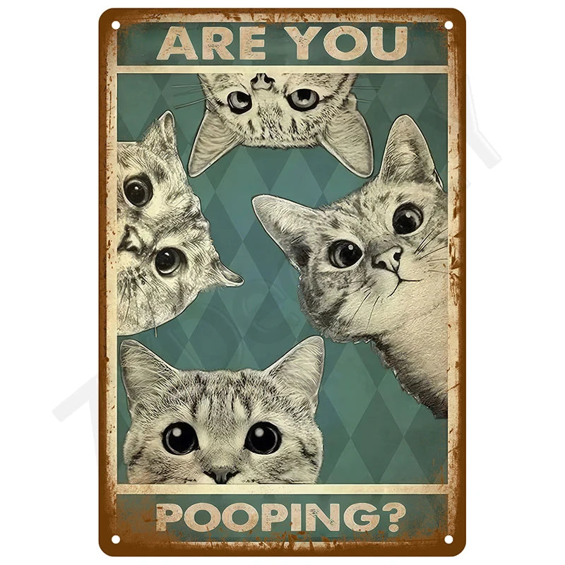Vintage metal wall art sign featuring four cat faces asking Are You Pooping?