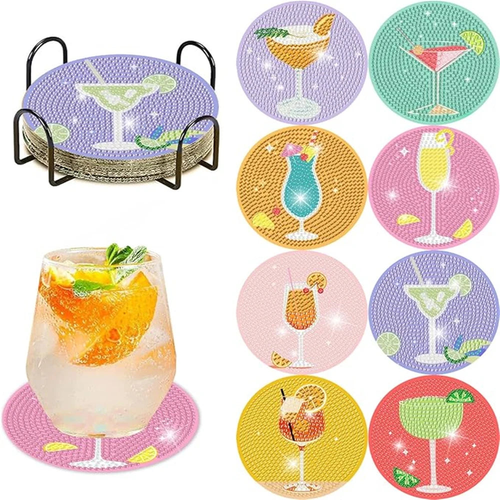 A set of diamond painting coasters featuring various colorful drink glasses and fruit designs.