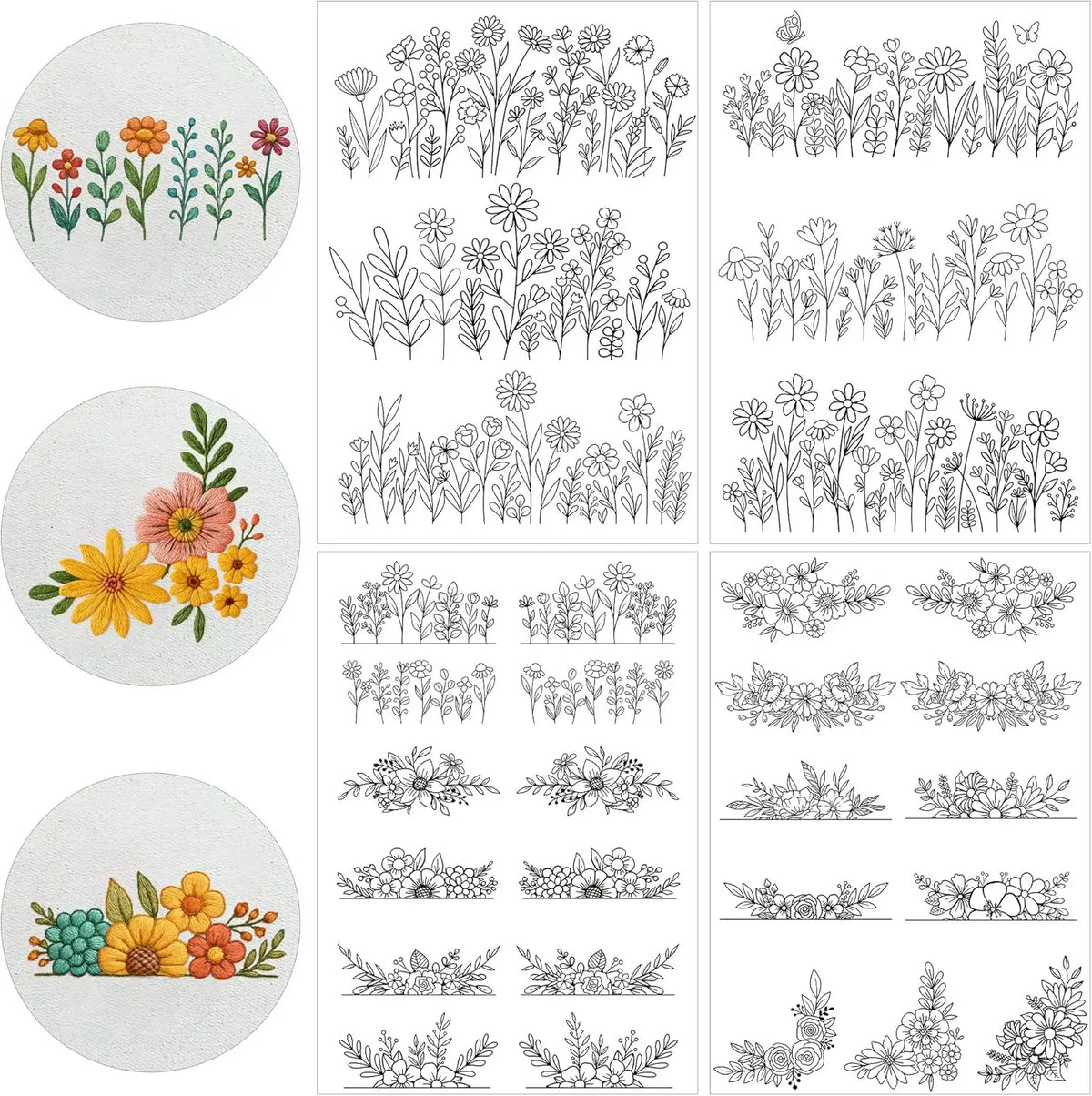 Black and white line art patterns for water soluble embroidery stabilizers