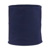 A dark navy blue soft cotton warm neck scarf rolled into a cylinder.