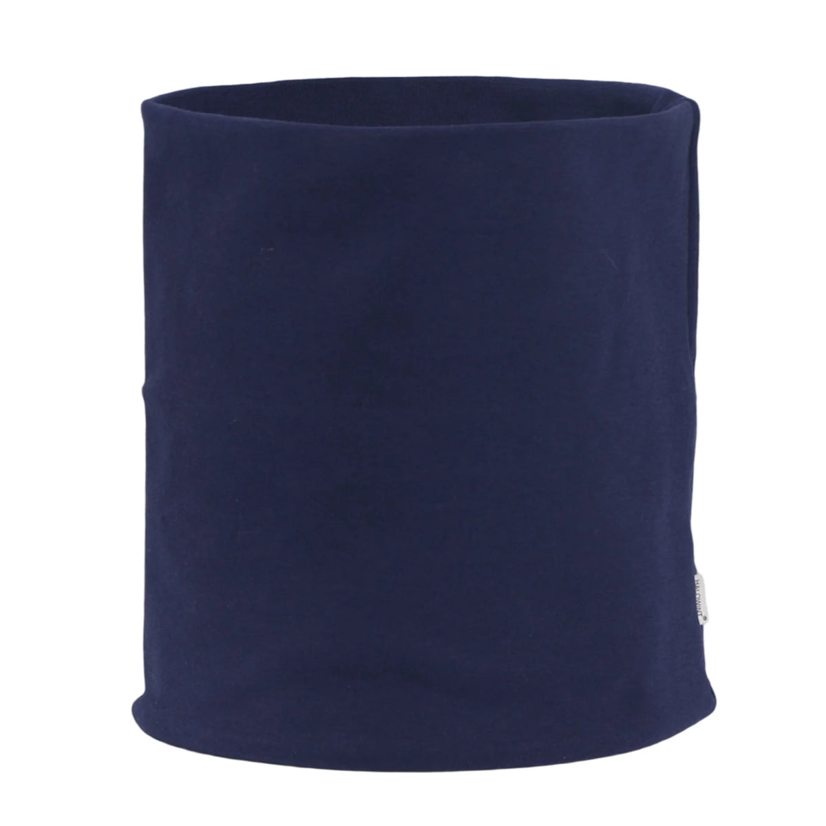 A dark navy blue soft cotton warm neck scarf rolled into a cylinder.