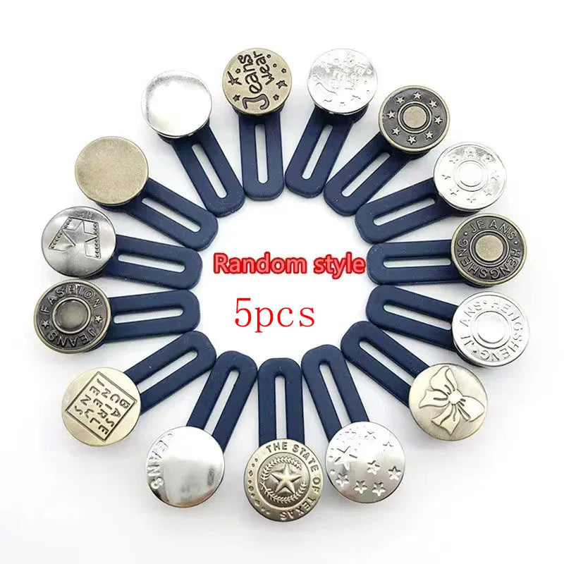 A circular arrangement of five silver and bronze buttons used as adjustable waistbands or pant waist expanders.