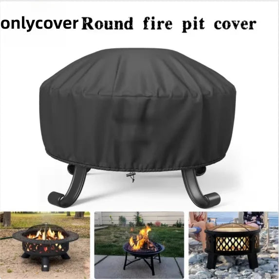Black round fire pit cover with legs shown in use on a ground.