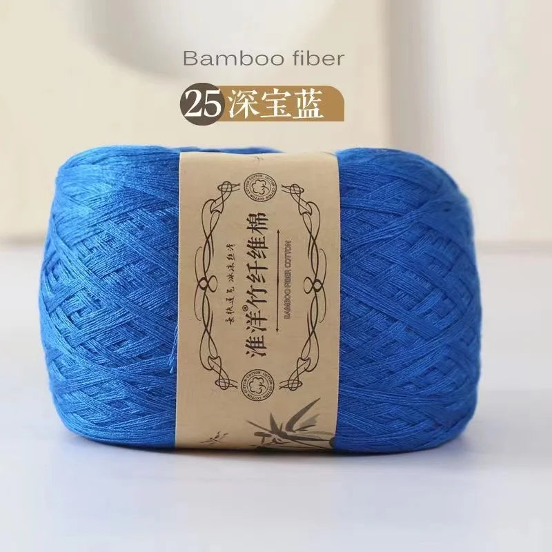 A ball of bright blue bamboo fiber yarn labeled for crafting and knitting.