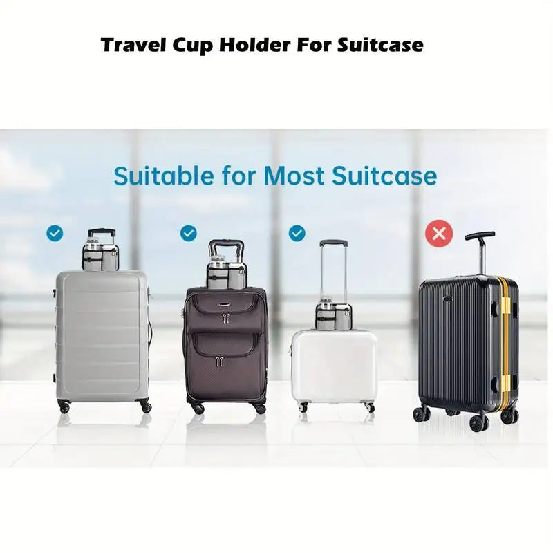 A travel cup holder designed to fit various suitcases, shown next to different sized luggage.