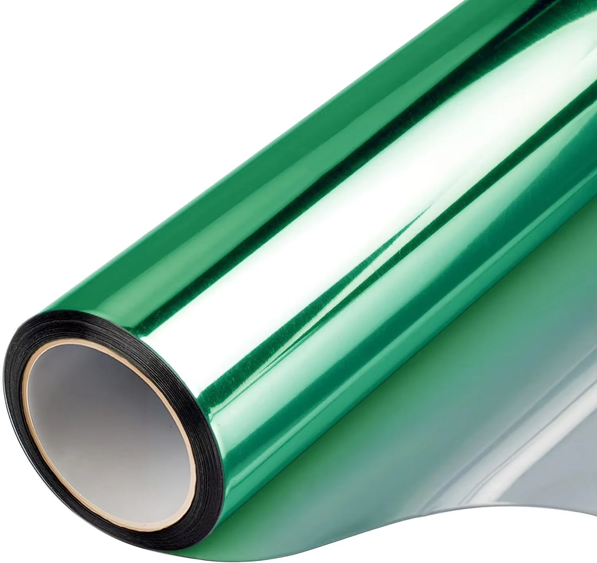 Roll of green one way mirror window film showing a reflective surface and a rolled edge.
