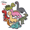 A set of eight dinosaur animal iron-on patches in various colors and styles for kids clothing.
