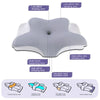 A memory foam contour neck pillow showing various sleeping areas including low and high pillow zones and a shoulder-neck tran