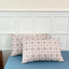A set of two plaid pillow covers in beige and brown tones displayed on a blue surface against a white wainscoting background.