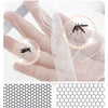 A hand holds a clear hexagonal mesh net with a mosquito inside, demonstrating its insect-proof properties.