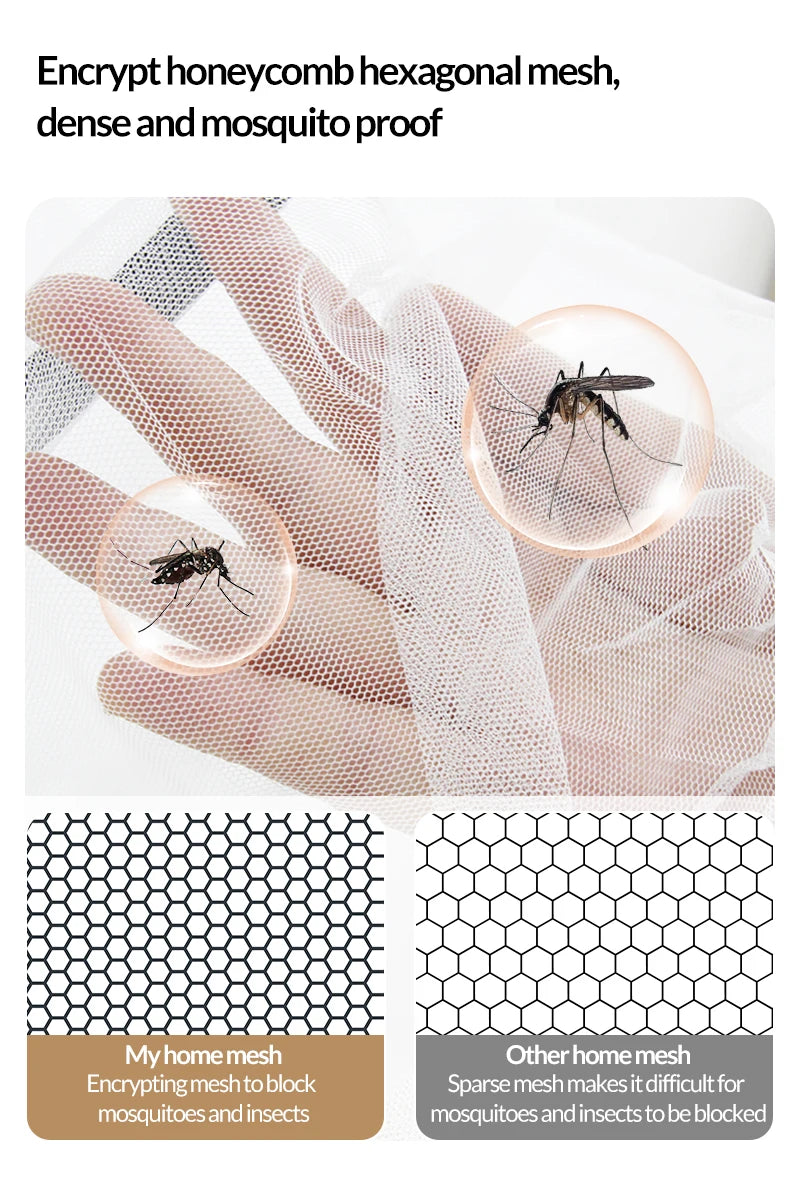 A hand holds a clear hexagonal mesh net with a mosquito inside, demonstrating its insect-proof properties.