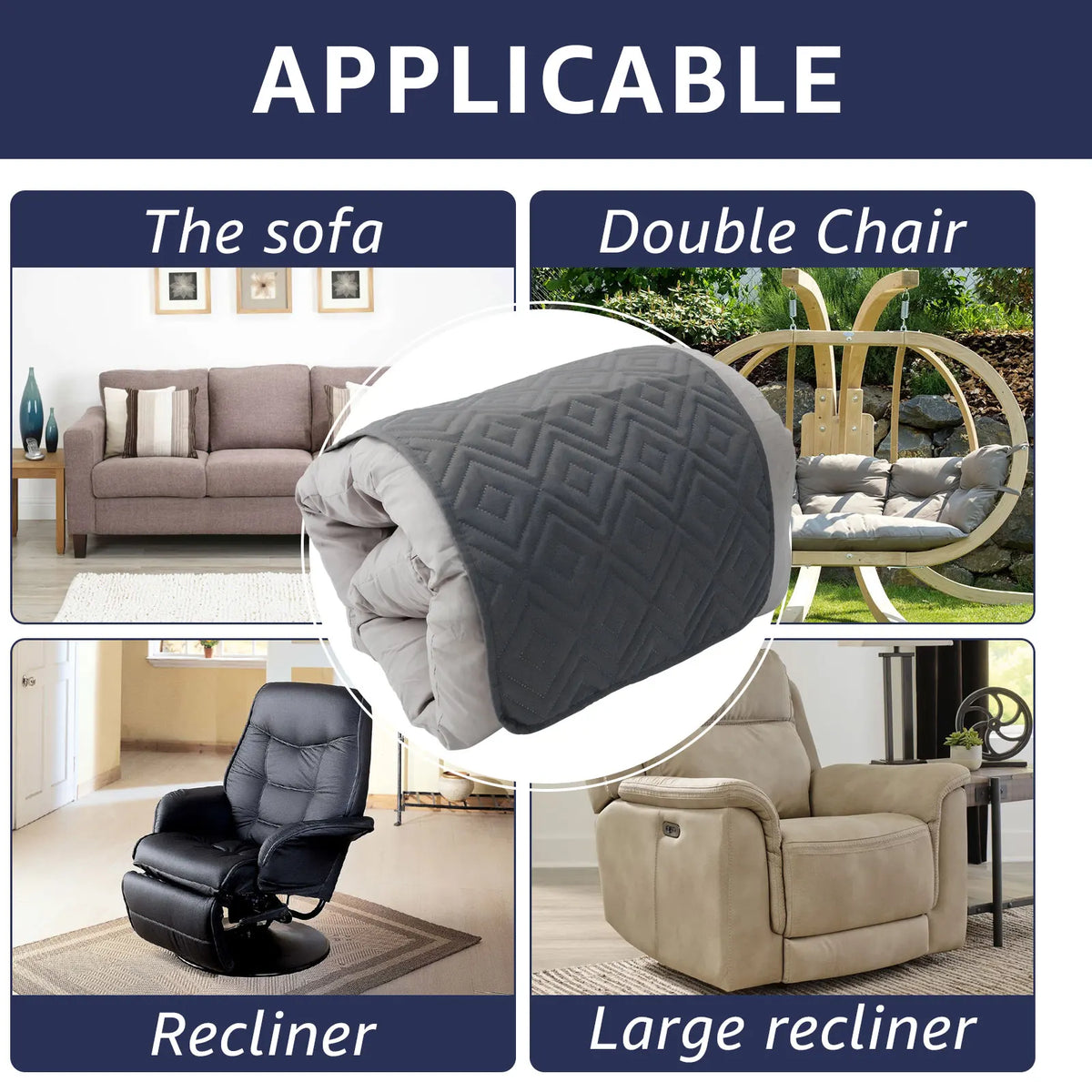 Three sets of waterproof headrest protector covers for a sofa, double chair, recliner, and large recliner.