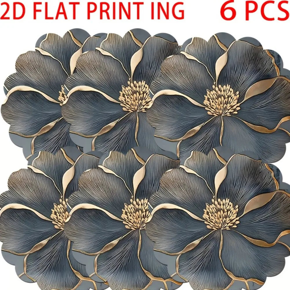 Six blue floral print placemats with gold accents for modern dining tables