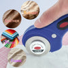 A blue rotary cutter device is shown with various fabric, leather, and paper samples displayed around it.