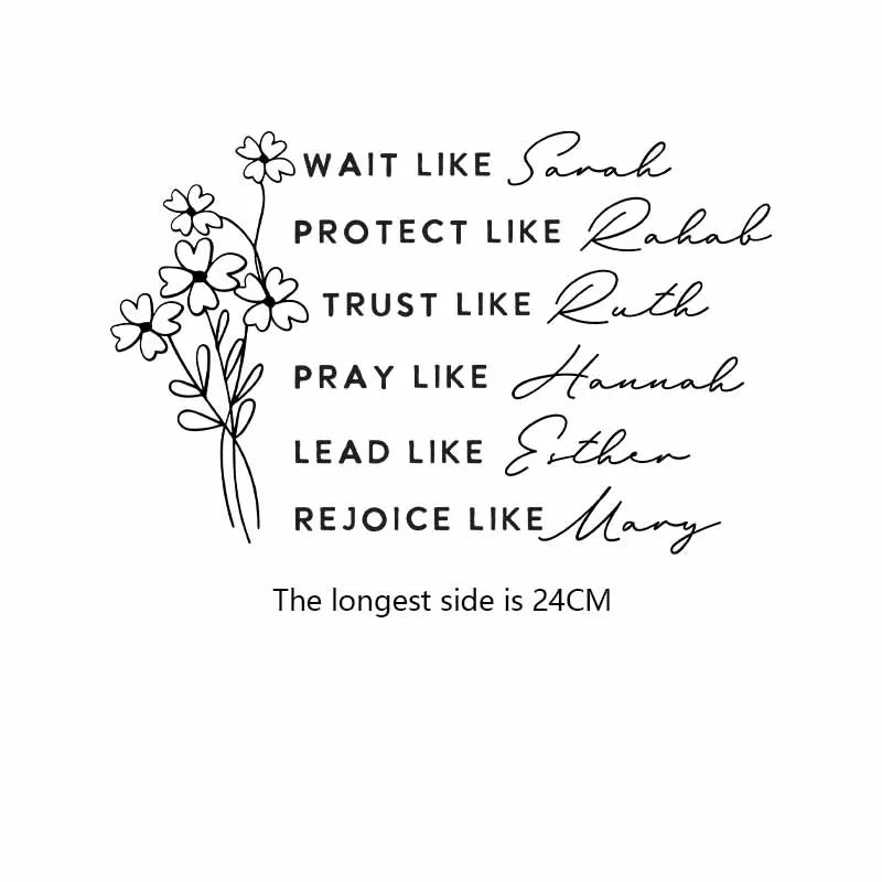 A black line drawing featuring biblical names and verbs like Wait Like Sarah, Protect Like Rahab, Trust Like Ruth, Pray Like 