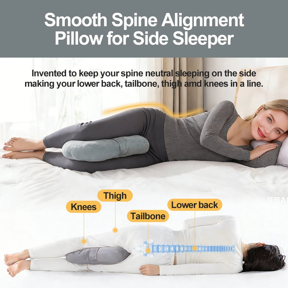 A woman is shown sleeping on her side using a smooth spine alignment pillow for side sleepers.