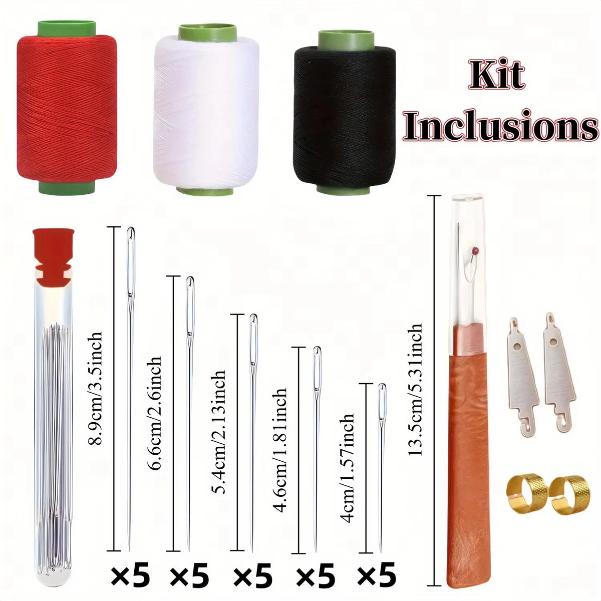 Kit inclusions showing red and white sewing thread spools, steel needles, and a wooden applicator.