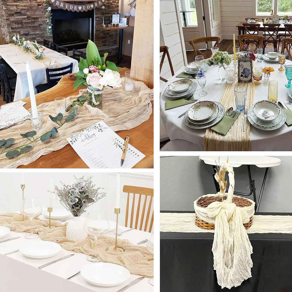 A close-up of a boho gauze table runner draped over a wooden table with floral and greenery accents.