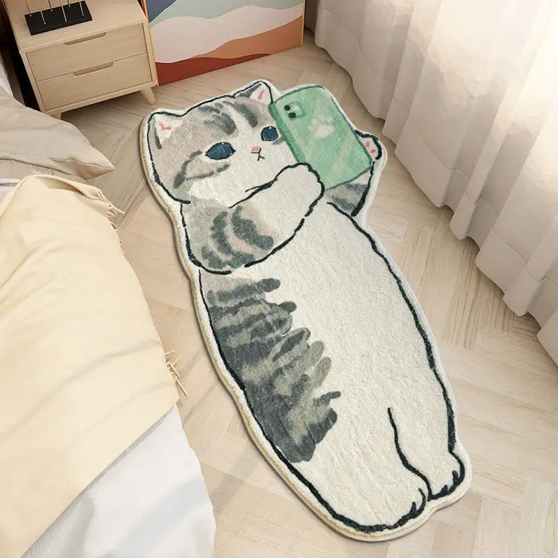 A cute cartoon cat plush mat with a green phone accessory lying on a light wooden floor.