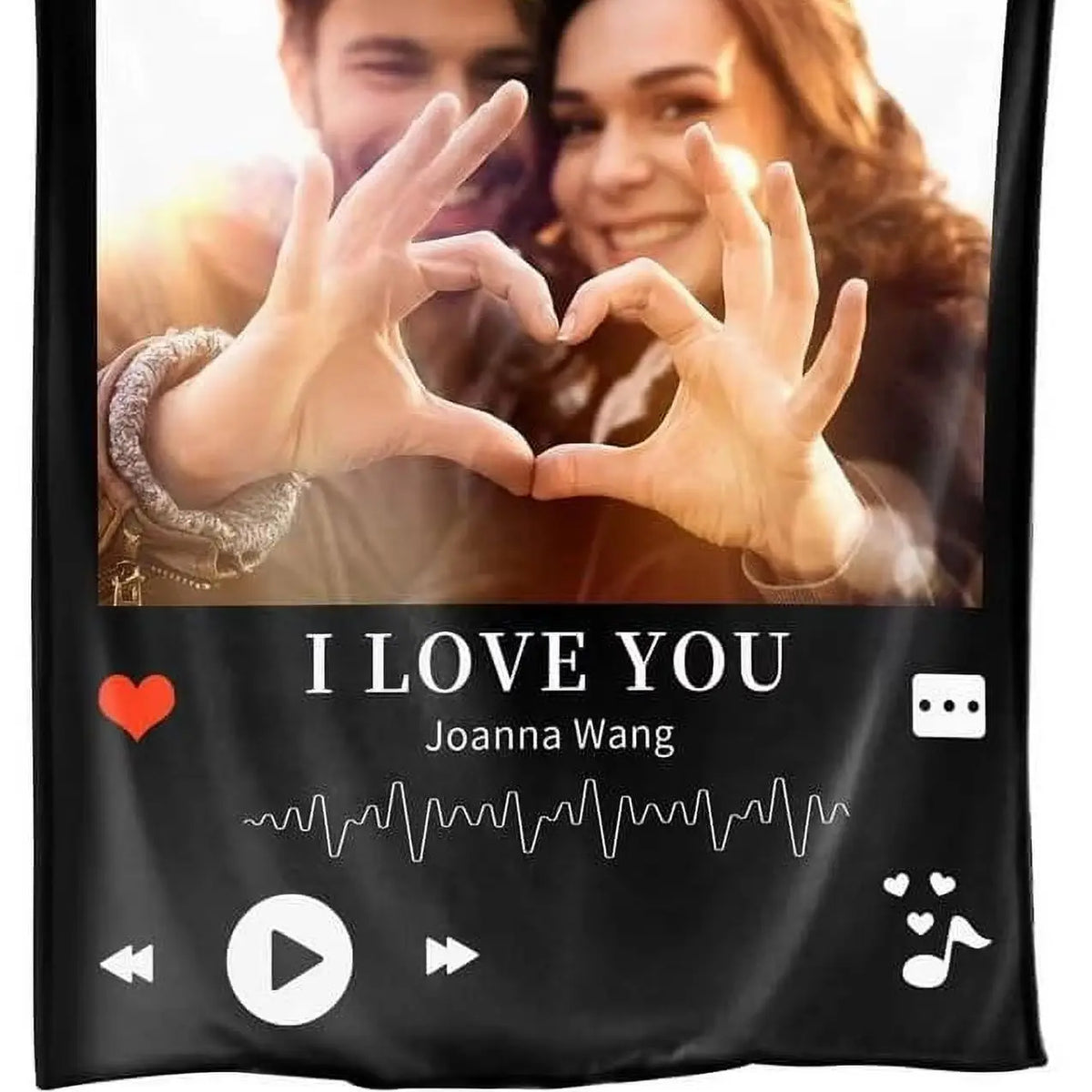 A black throw blanket featuring a photo of a couple and the text I love you Joanna Wang