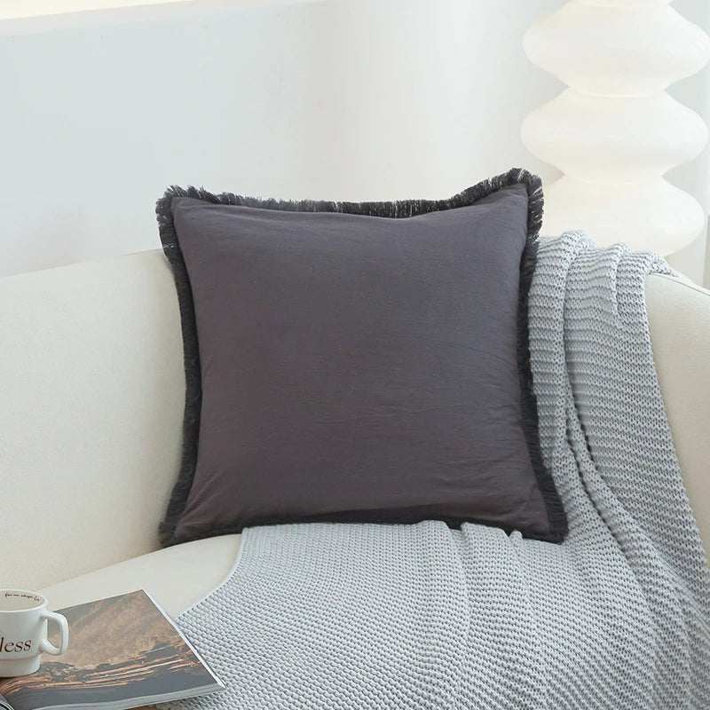 Washed Cotton Solid Cushion Cover with Tassel Fringe