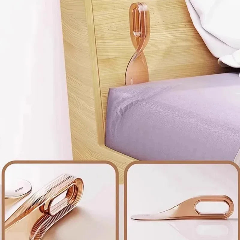 A close-up view of a rose gold mattress lifter wedge used for easy bedding changes.