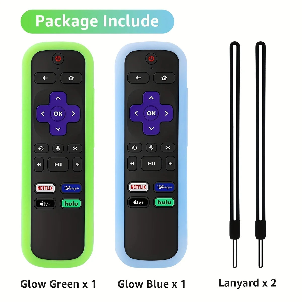 Two glow-in-the-dark silicone remote covers, one green and one blue, and two lanyards.