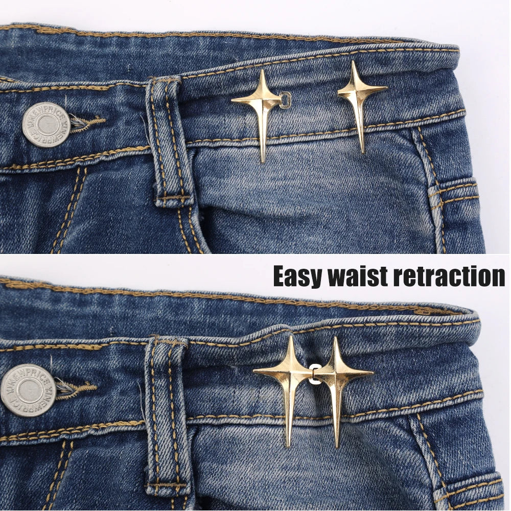 Close-up of dark blue denim jeans showing easy waist retraction features and gold star-shaped buttons.