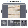 A gray foldable clothes organizer bag with a clear window showing folded light-colored fabric, featuring moisture proof and a