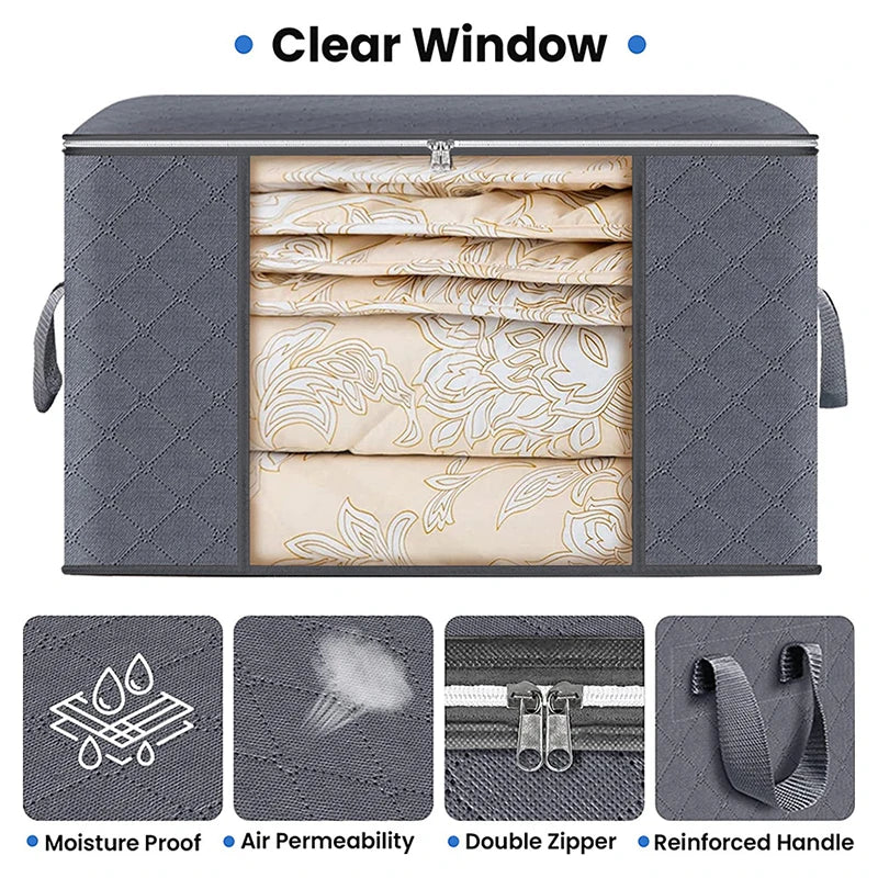A gray foldable clothes organizer bag with a clear window showing folded light-colored fabric, featuring moisture proof and a