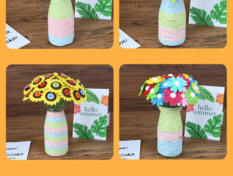 DIY felt flower craft kit bouquet featuring colorful flowers in striped ceramic vases and green leaves
