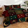 Gothic sun and moon patchwork bedding set featuring deep green, maroon, and gold patterns.