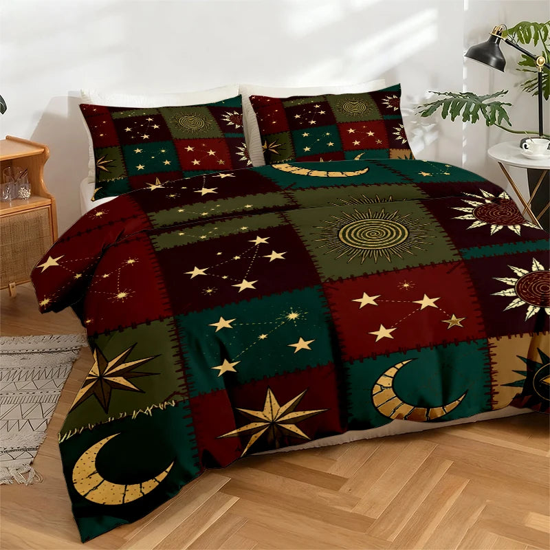 Gothic sun and moon patchwork bedding set featuring deep green, maroon, and gold patterns.