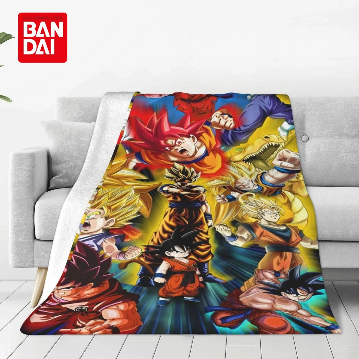 A colorful anime character flannel throw blanket featuring characters from Dragon Ball Z