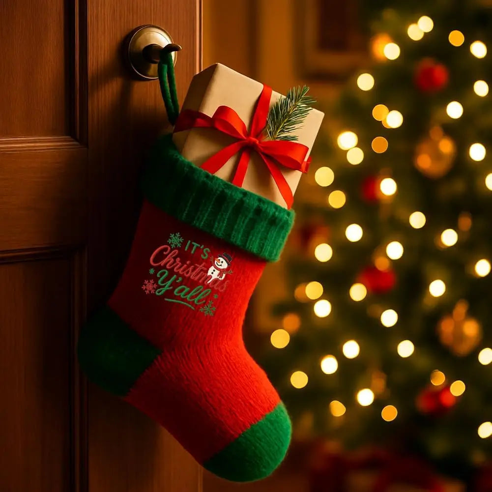 A Christmas embroidery stabilizer set in a festive red and green sock shape hanging on a wooden door next to a brightly lit C