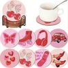 A set of pink diamond painting coasters featuring various designs including apples, butterflies, headphones, and shoes.