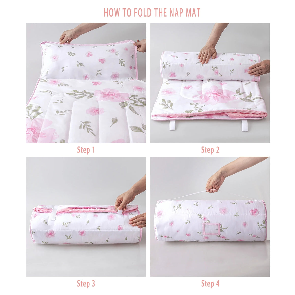Step-by-step instructions showing how to fold a toddler nap mat with pillow and blanket set