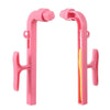 A pink 3-in-1 crochet tool and tension regulator set with yellow and orange components.